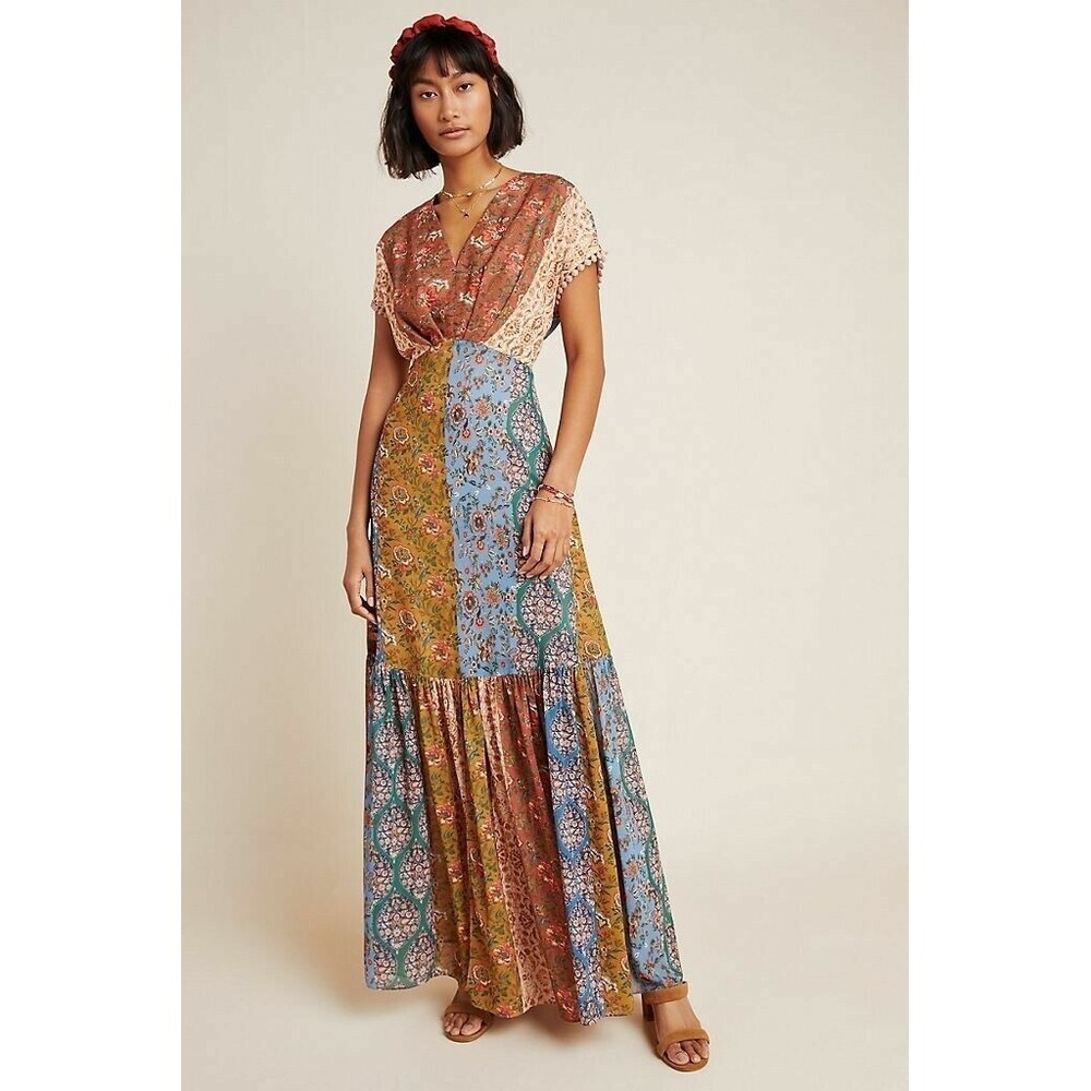 Anthropologie Sachin & Babi Angelica Maxi Dress Floral Patchwork V-Neck Size 0